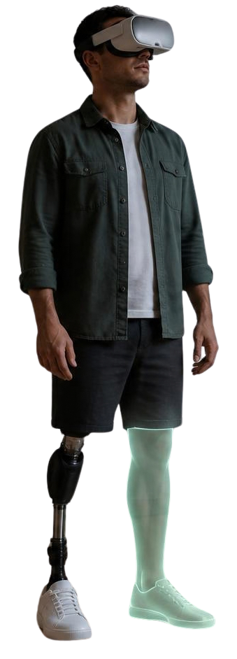 A person wearing a VR headset with a soft glowing outline where their missing limb would be