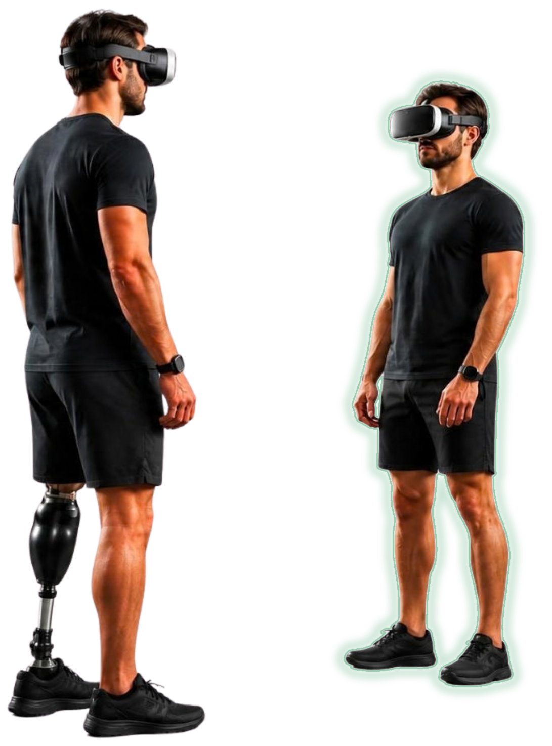 A person wearing a VR headset facing their mirror reflection, which shows a whole, complete body